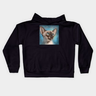 Close Up Painting of a Gorgeous Siamese Cat with Blue Eyes and Blue Background Kids Hoodie